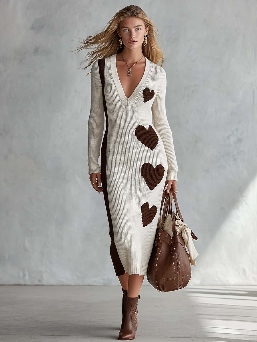 Elegant Retro Heart Pattern V-neck Cream Knitted Midi Dress