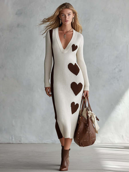 Elegant Retro Heart Pattern V-neck Cream Knitted Midi Dress