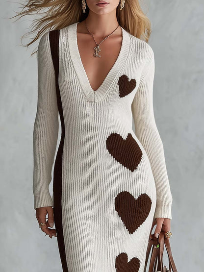 Elegant Retro Heart Pattern V-neck Cream Knitted Midi Dress
