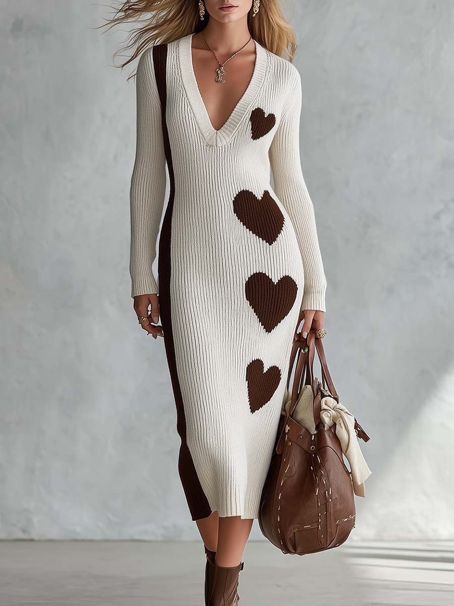 Elegant Retro Heart Pattern V-neck Cream Knitted Midi Dress