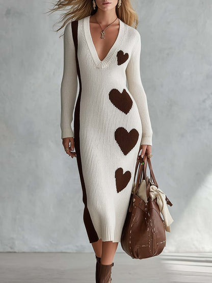 Elegant Retro Heart Pattern V-neck Cream Knitted Midi Dress