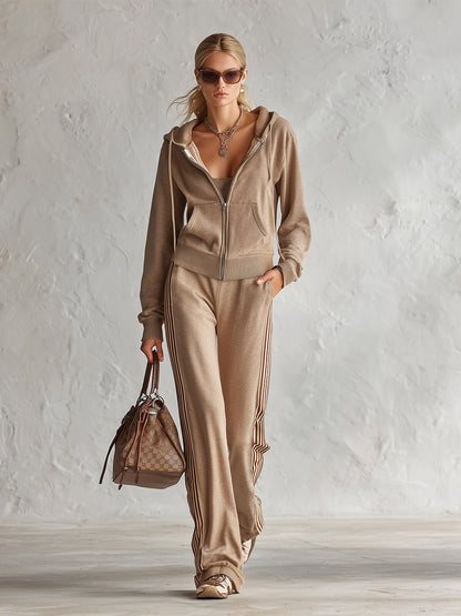Stylish Casual Khaki Zip-up Hoodie And Pants Set