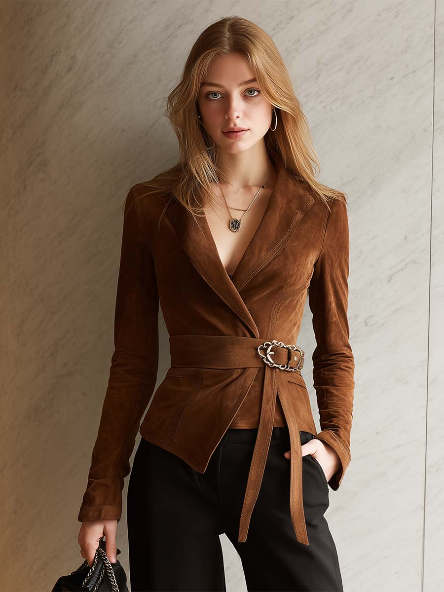 Elegant Retro Lapel Collar Tie-Front Brown Faux Suede Jacket