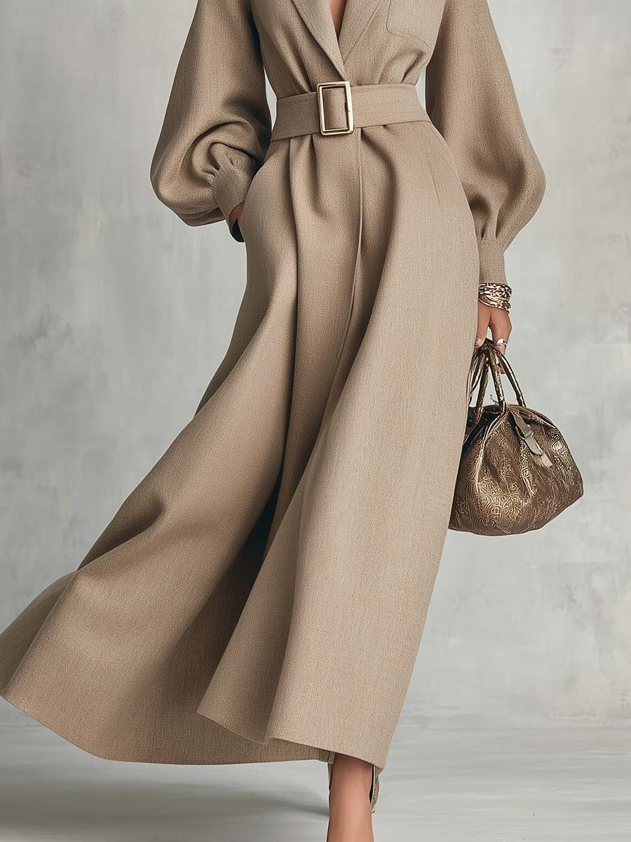 Elegant Classic Camel Shawl-Collar Deep-V Belted Balloon-Sleeve Fit-And-Flare Maxi Coat