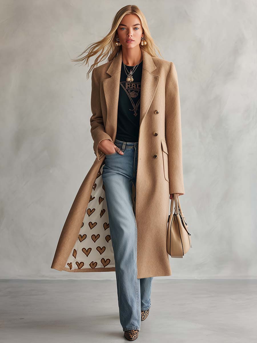 Classic Retro Lapel Collar Lining With Heart Pattern Camel Tweed Coat