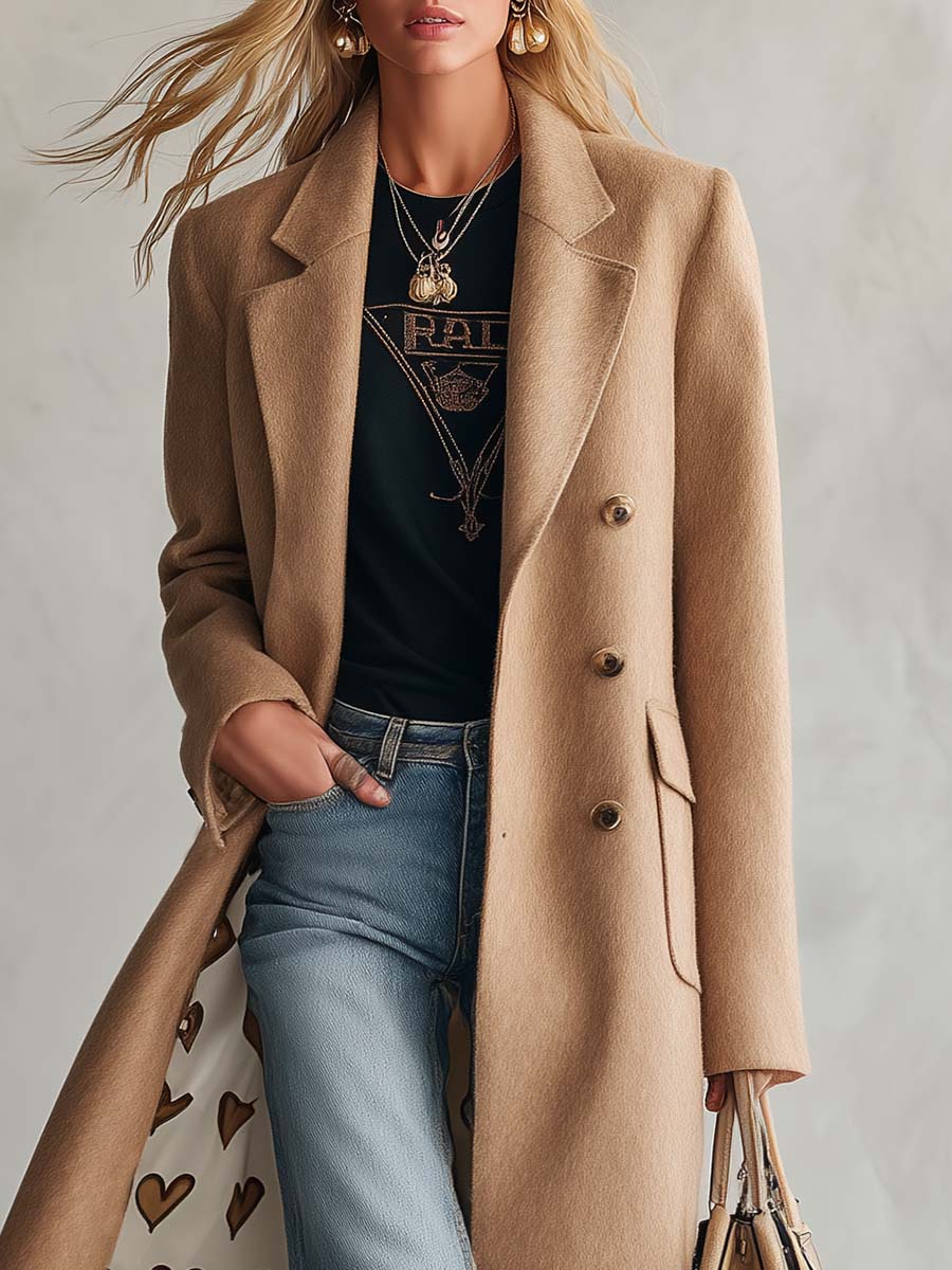 Classic Retro Lapel Collar Lining With Heart Pattern Camel Tweed Coat