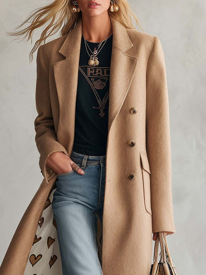 Classic Retro Lapel Collar Lining With Heart Pattern Camel Tweed Coat