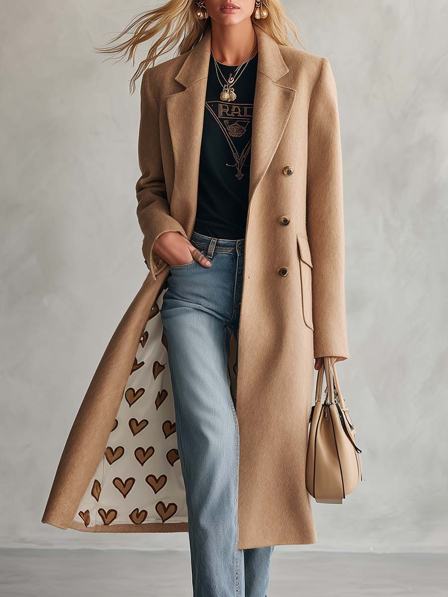 Classic Retro Lapel Collar Lining With Heart Pattern Camel Tweed Coat