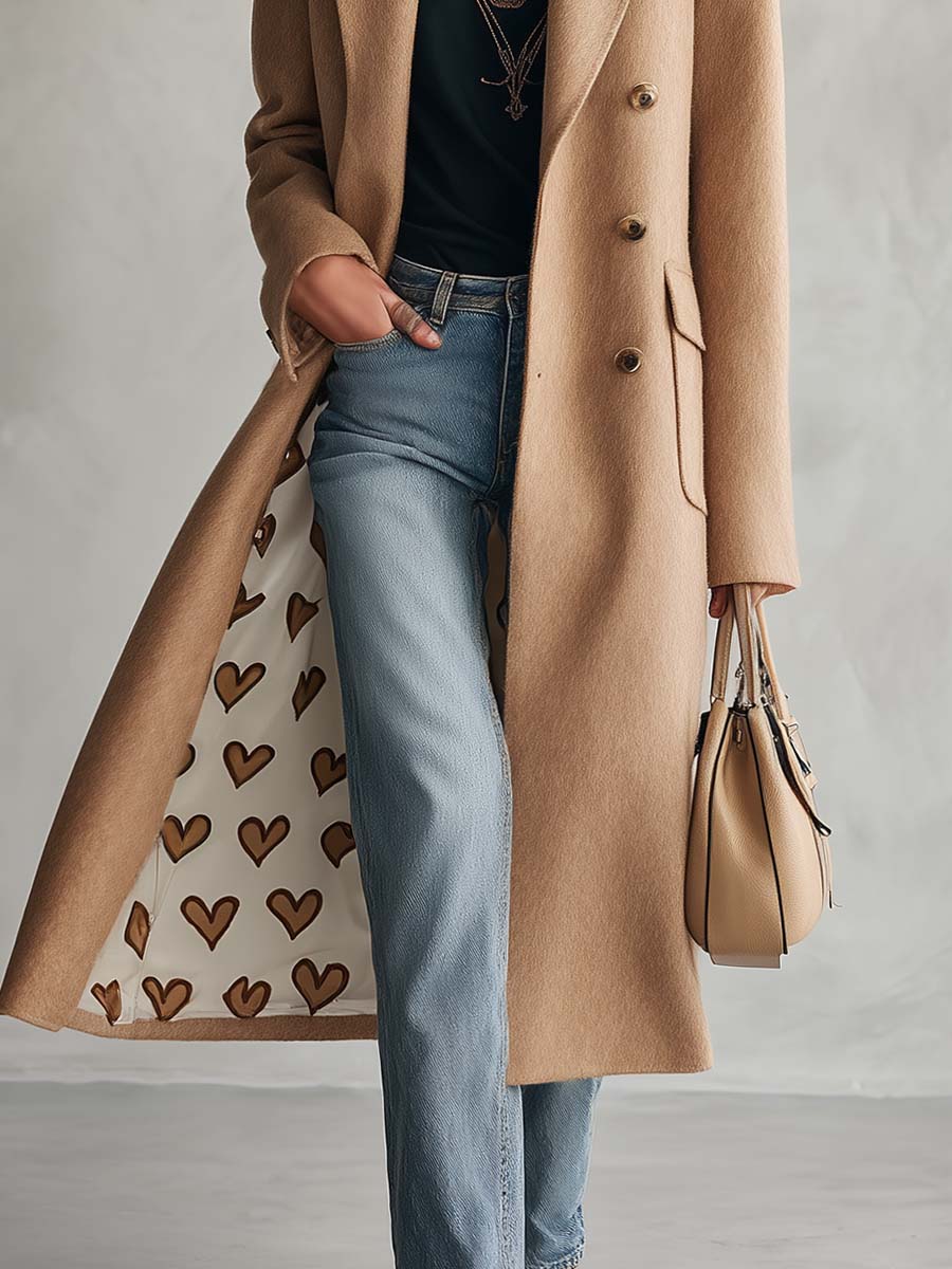Classic Retro Lapel Collar Lining With Heart Pattern Camel Tweed Coat
