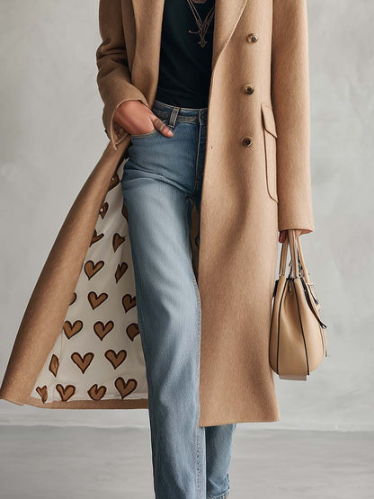 Classic Retro Lapel Collar Lining With Heart Pattern Camel Tweed Coat