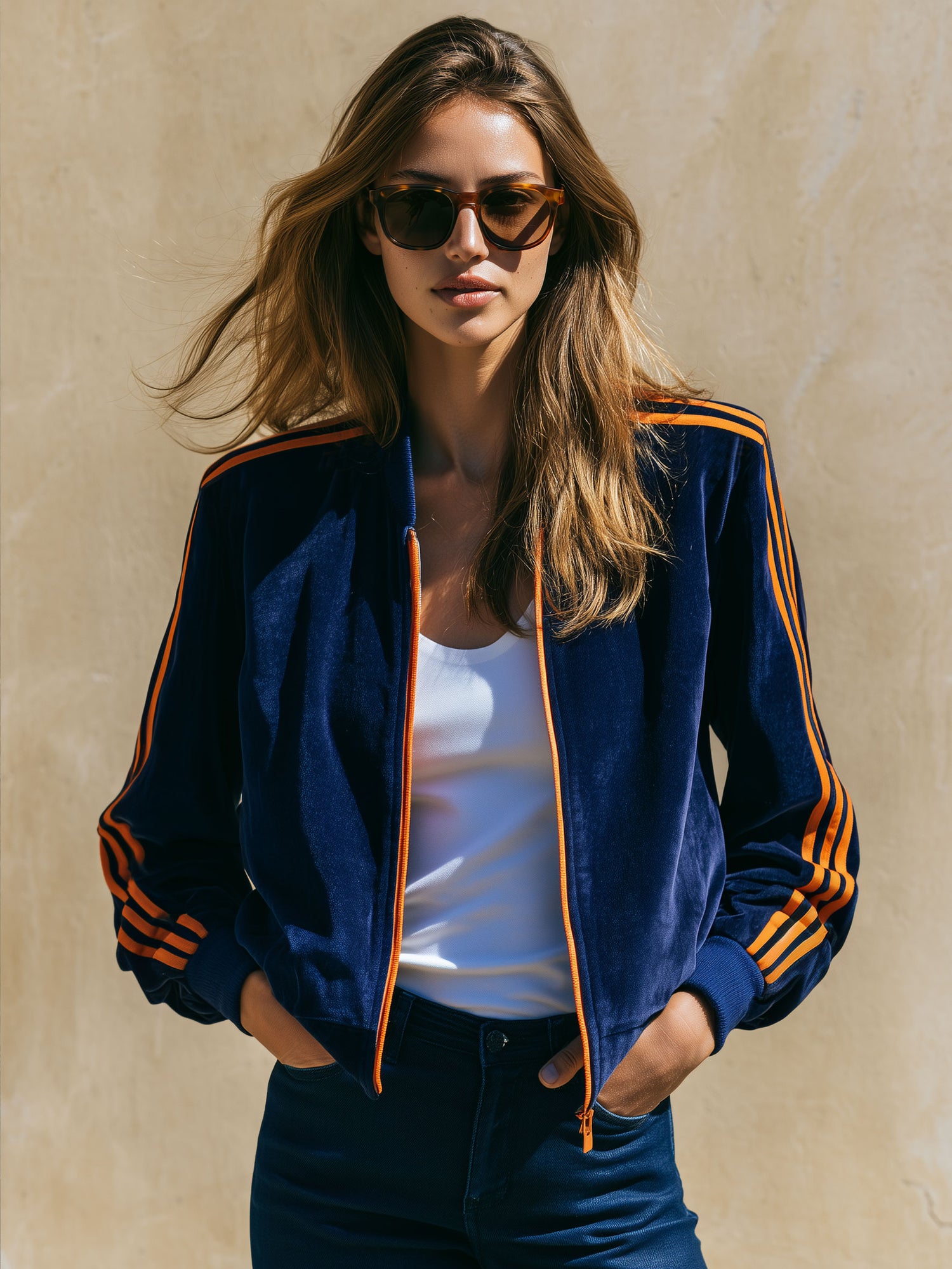 Casual Sport Retro Orange Webbing Dark Blue Velvet Baseball Jacket