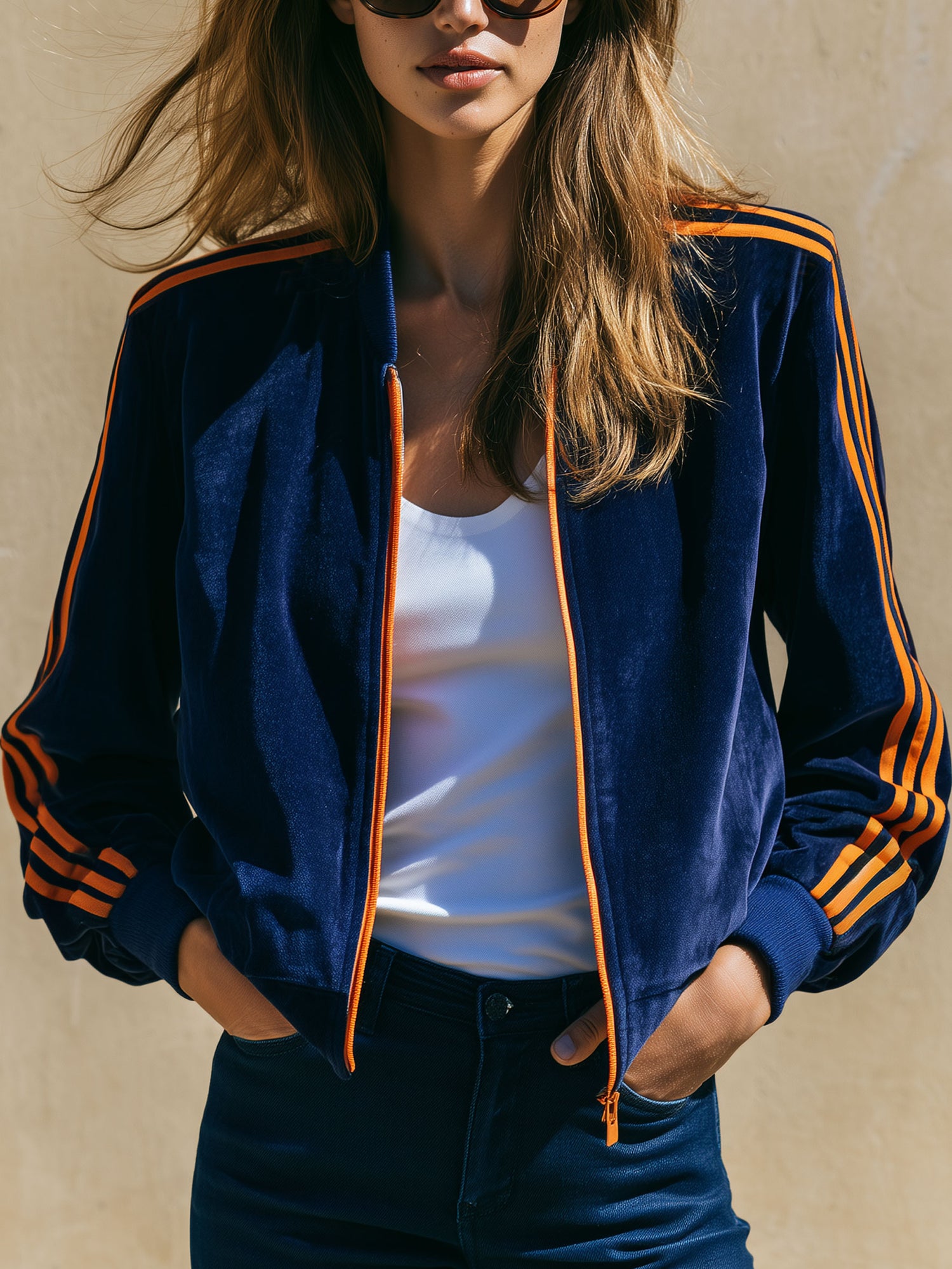 Casual Sport Retro Orange Webbing Dark Blue Velvet Baseball Jacket