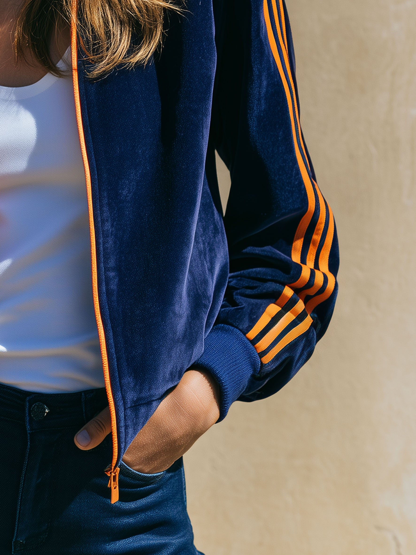 Casual Sport Retro Orange Webbing Dark Blue Velvet Baseball Jacket