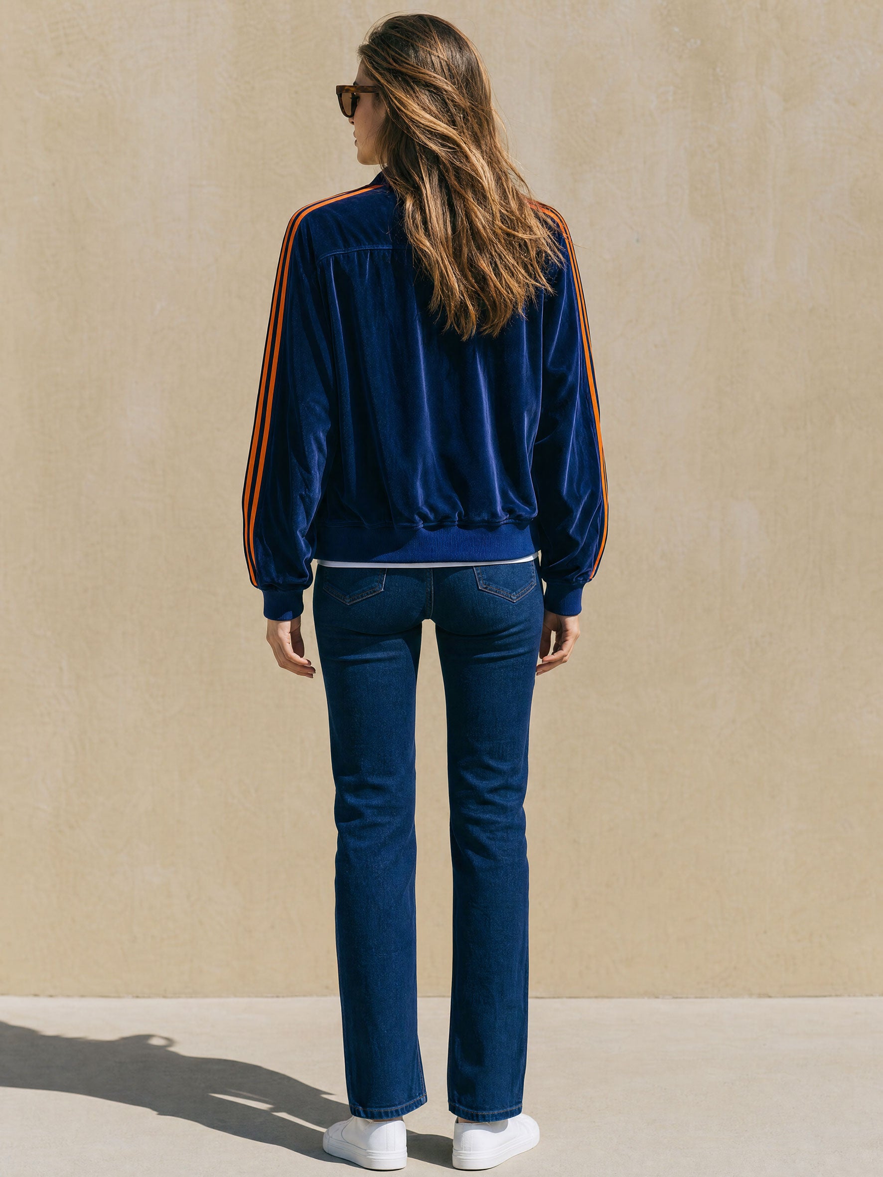 Casual Sport Retro Orange Webbing Dark Blue Velvet Baseball Jacket