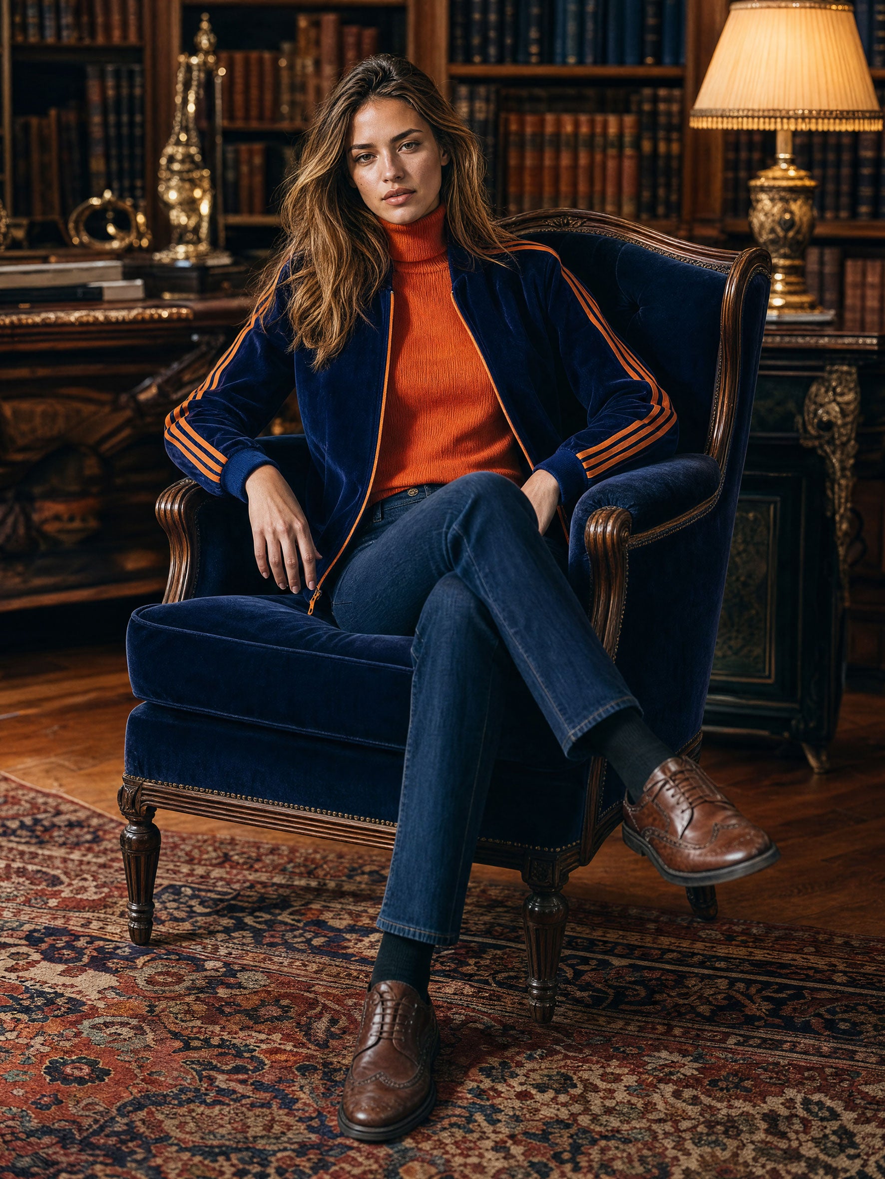 Casual Sport Retro Orange Webbing Dark Blue Velvet Baseball Jacket