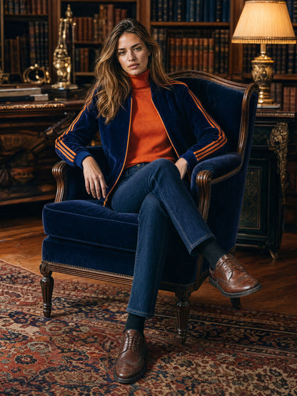 Casual Sport Retro Orange Webbing Dark Blue Velvet Baseball Jacket