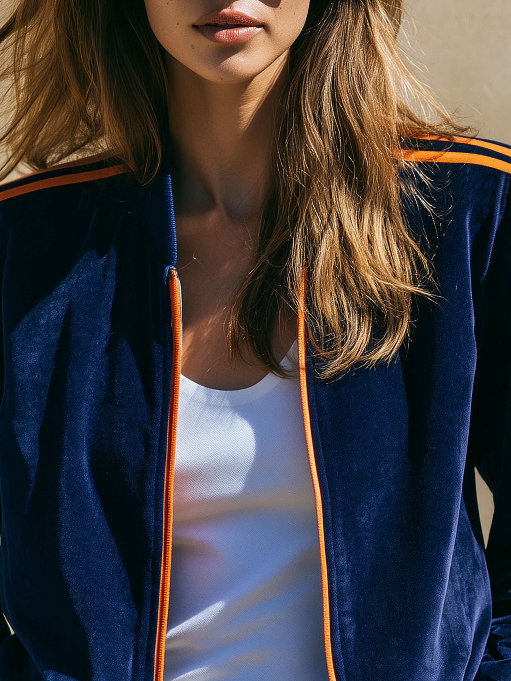 Casual Sport Retro Orange Webbing Dark Blue Velvet Baseball Jacket