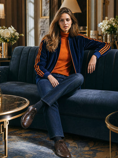 Casual Sport Retro Orange Webbing Dark Blue Velvet Baseball Jacket