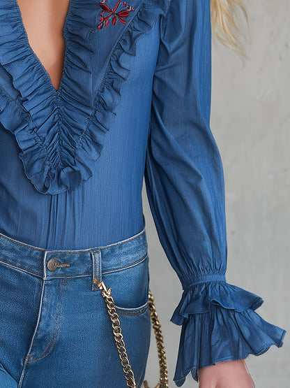 Vintage-style Rose Embroidered Blue Ruffled V-neck Tencel Denim Shirt