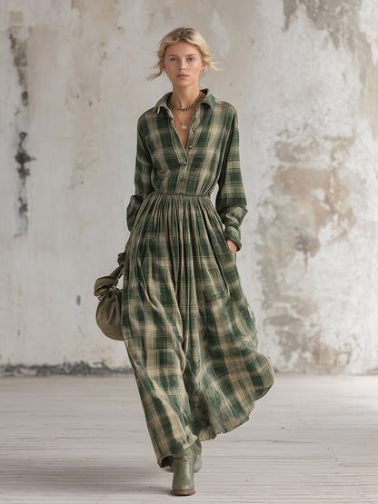 Vintage-style Green Plaid Print Matte Velvet Maxi Dress