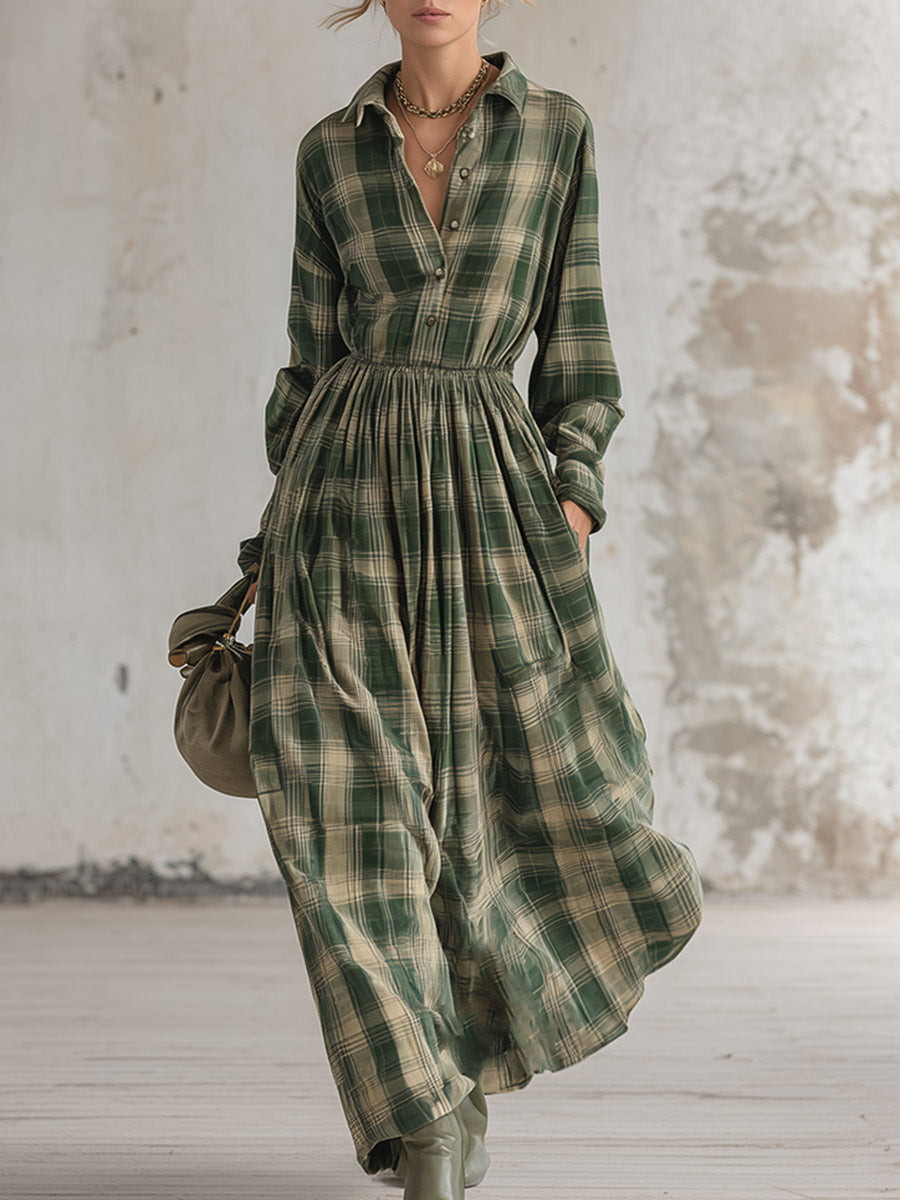 Vintage-style Green Plaid Print Matte Velvet Maxi Dress