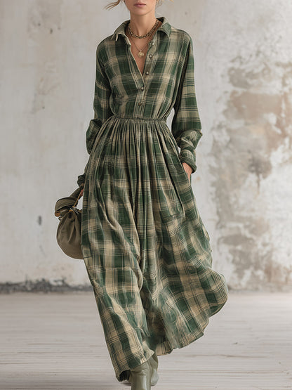 Vintage-style Green Plaid Print Matte Velvet Maxi Dress