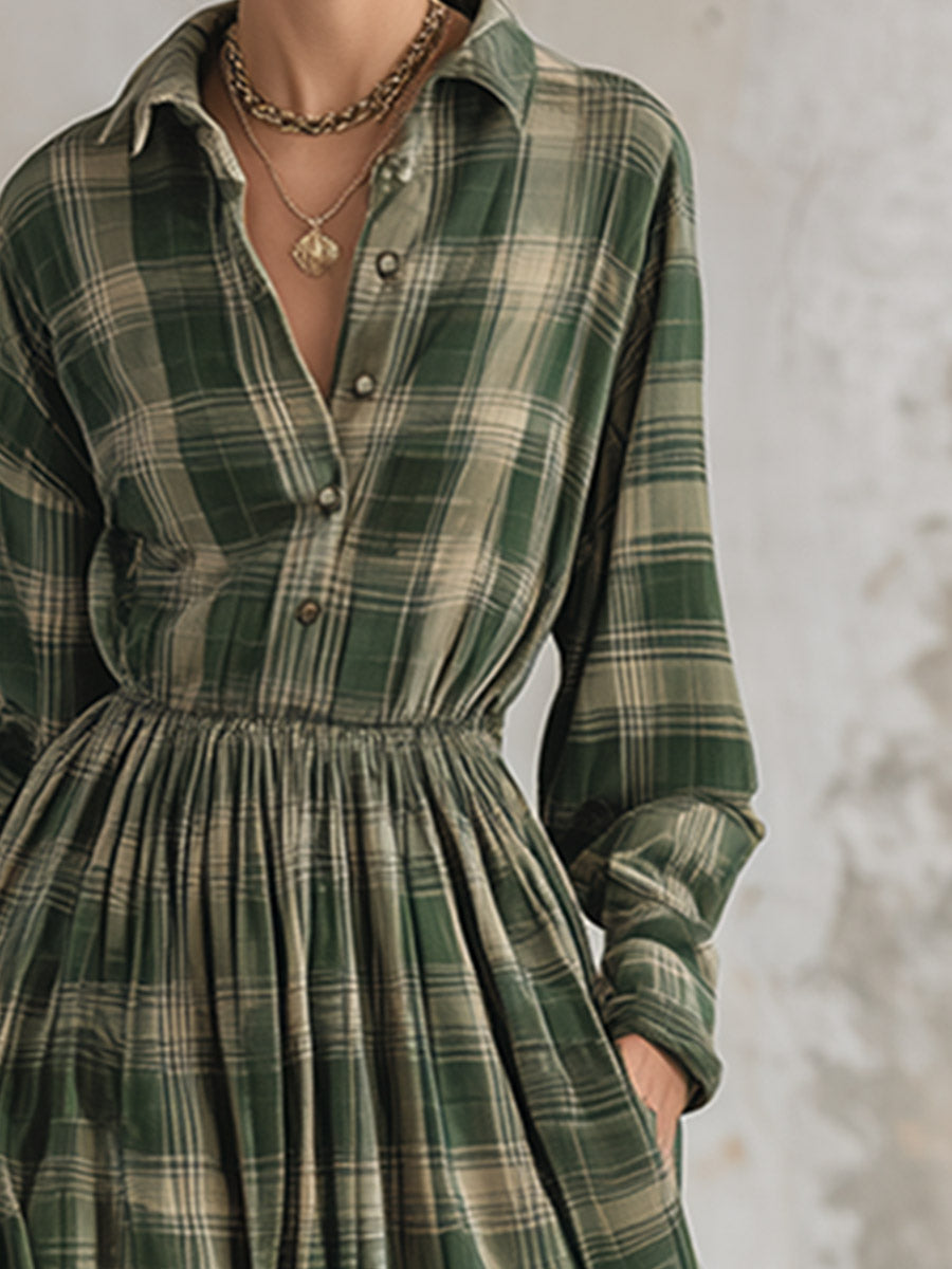 Vintage-style Green Plaid Print Matte Velvet Maxi Dress