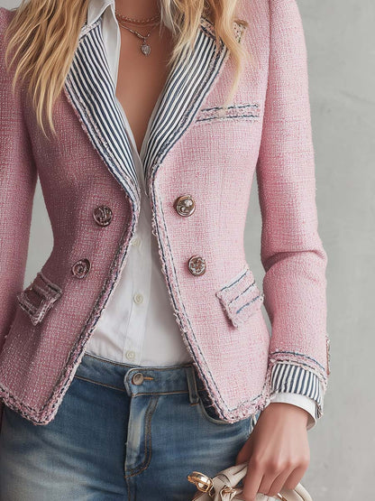 Elegant Vintage Striped Lapel Double-Breasted Pink Tweed Blazer Jacket