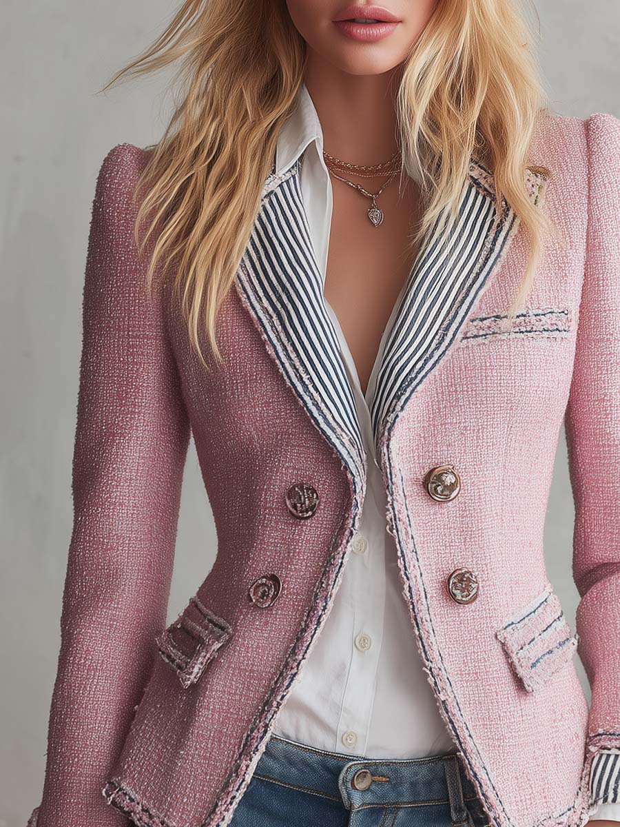 Elegant Vintage Striped Lapel Double-Breasted Pink Tweed Blazer Jacket
