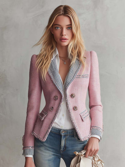 Elegant Vintage Striped Lapel Double-Breasted Pink Tweed Blazer Jacket