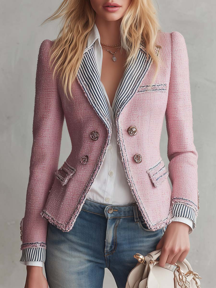 Elegant Vintage Striped Lapel Double-Breasted Pink Tweed Blazer Jacket