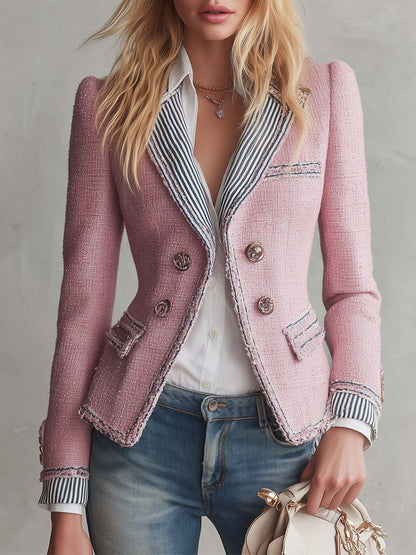 Elegant Vintage Striped Lapel Double-Breasted Pink Tweed Blazer Jacket