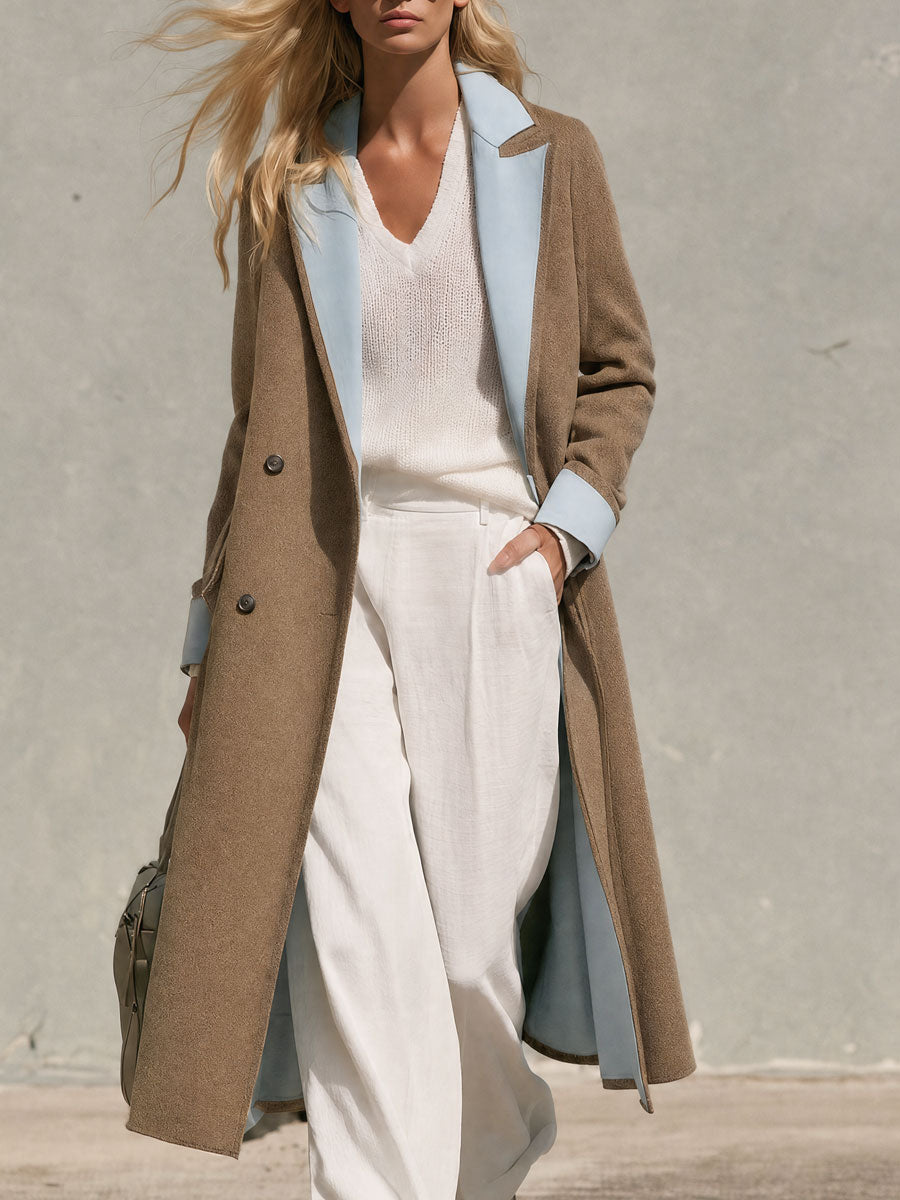 Elegant Retro-style Khaki Tweed Coat With Contrasting Collar