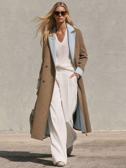 Elegant Retro-style Khaki Tweed Coat With Contrasting Collar