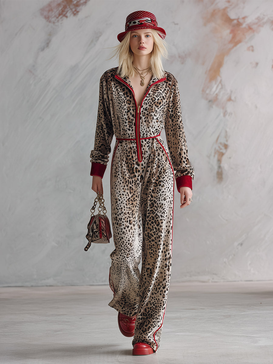 Retro Color-Block Trim Leopard Print Velvet Long-Sleeve Wide-Leg Jumpsuit