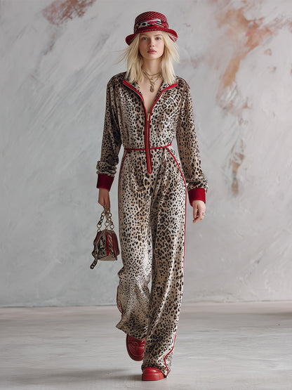 Retro Color-Block Trim Leopard Print Velvet Long-Sleeve Wide-Leg Jumpsuit