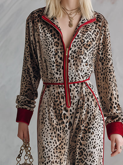 Retro Color-Block Trim Leopard Print Velvet Long-Sleeve Wide-Leg Jumpsuit