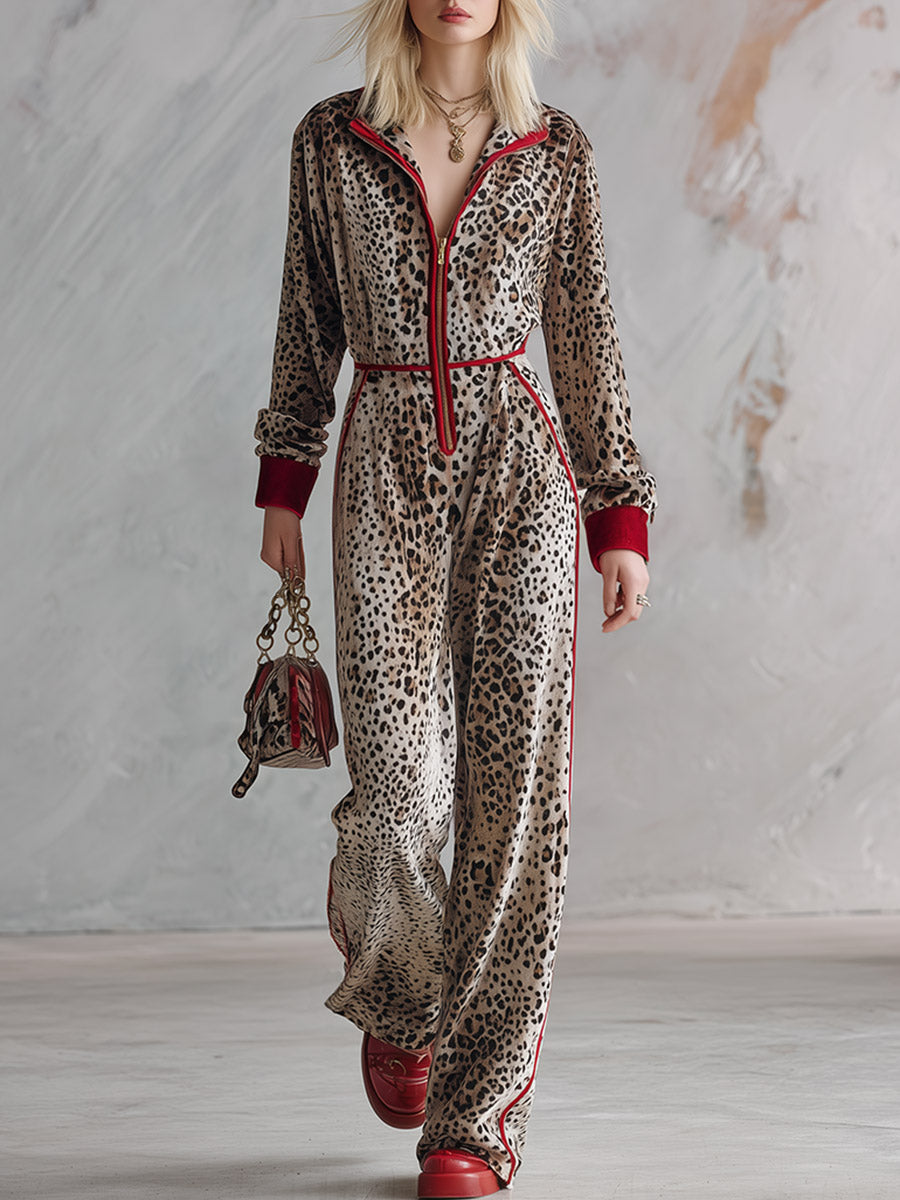 Retro Color-Block Trim Leopard Print Velvet Long-Sleeve Wide-Leg Jumpsuit