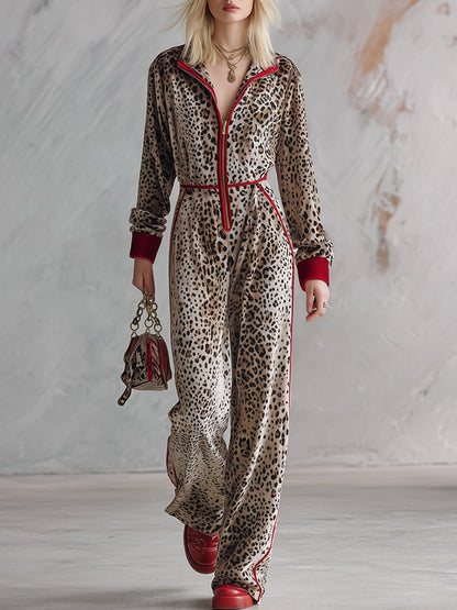 Retro Color-Block Trim Leopard Print Velvet Long-Sleeve Wide-Leg Jumpsuit