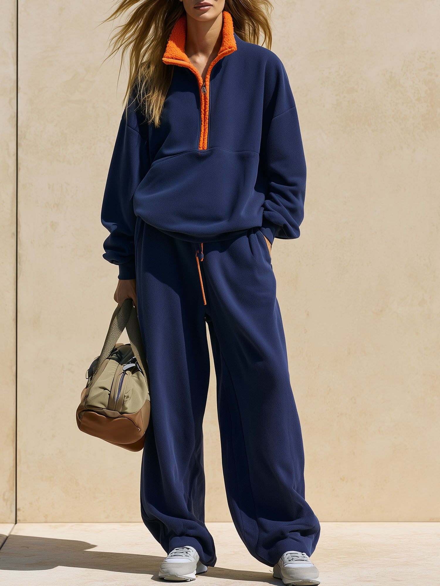 Casual Sports Color-blocked Half-zip Navy Blue Fleece Pullover Sweater And Pants Set