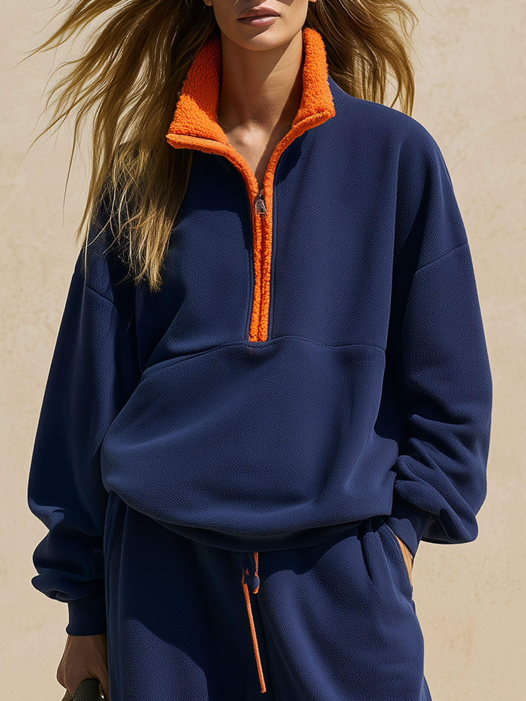 Casual Sports Color-blocked Half-zip Navy Blue Fleece Pullover Sweater And Pants Set