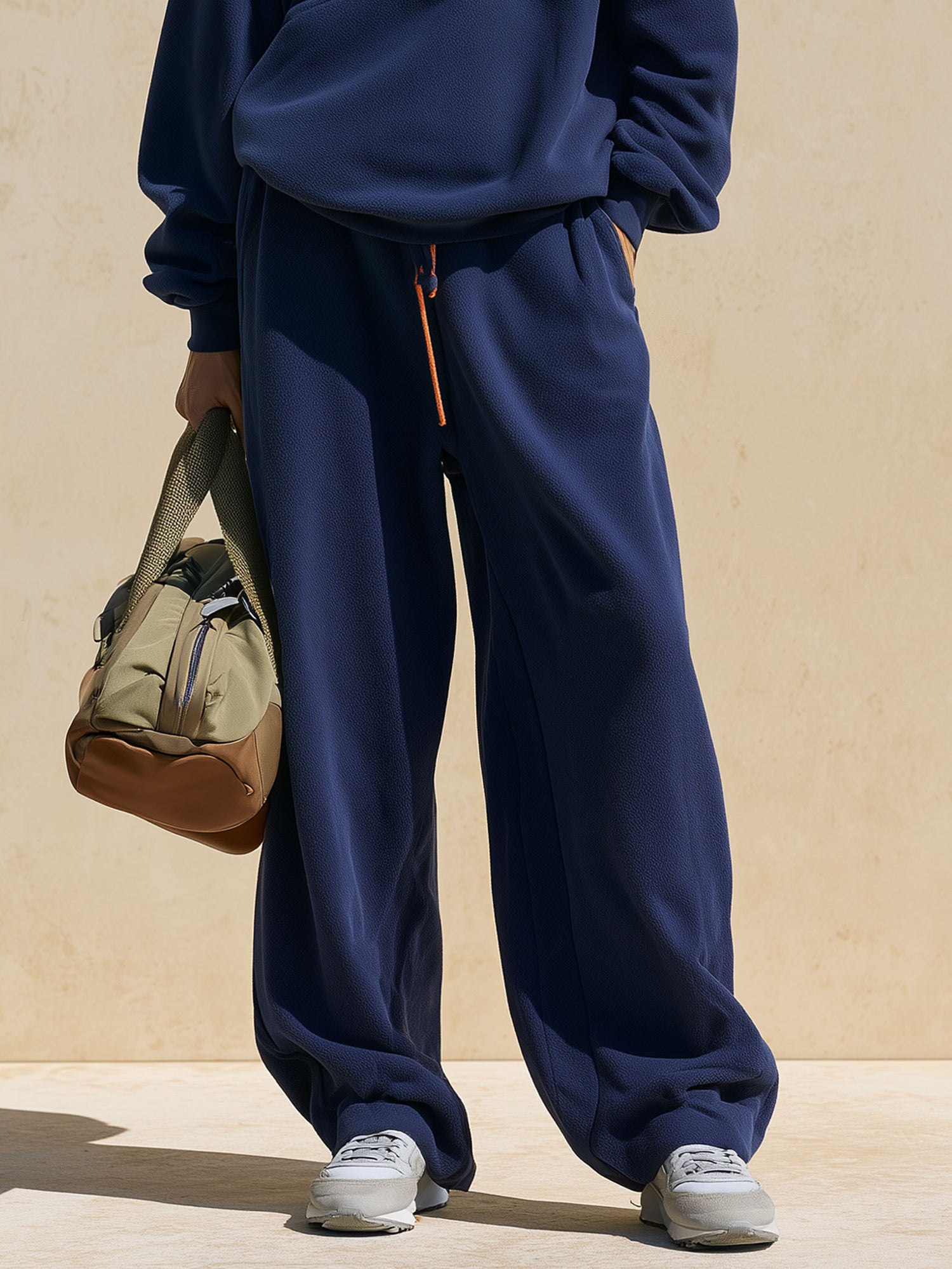 Casual Sports Color-blocked Half-zip Navy Blue Fleece Pullover Sweater And Pants Set