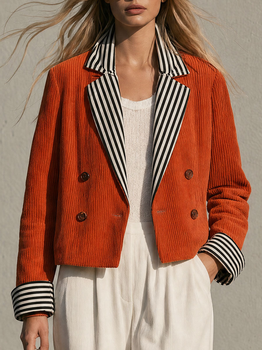 Retro-style Color-blocked Orange Corduroy Jacket