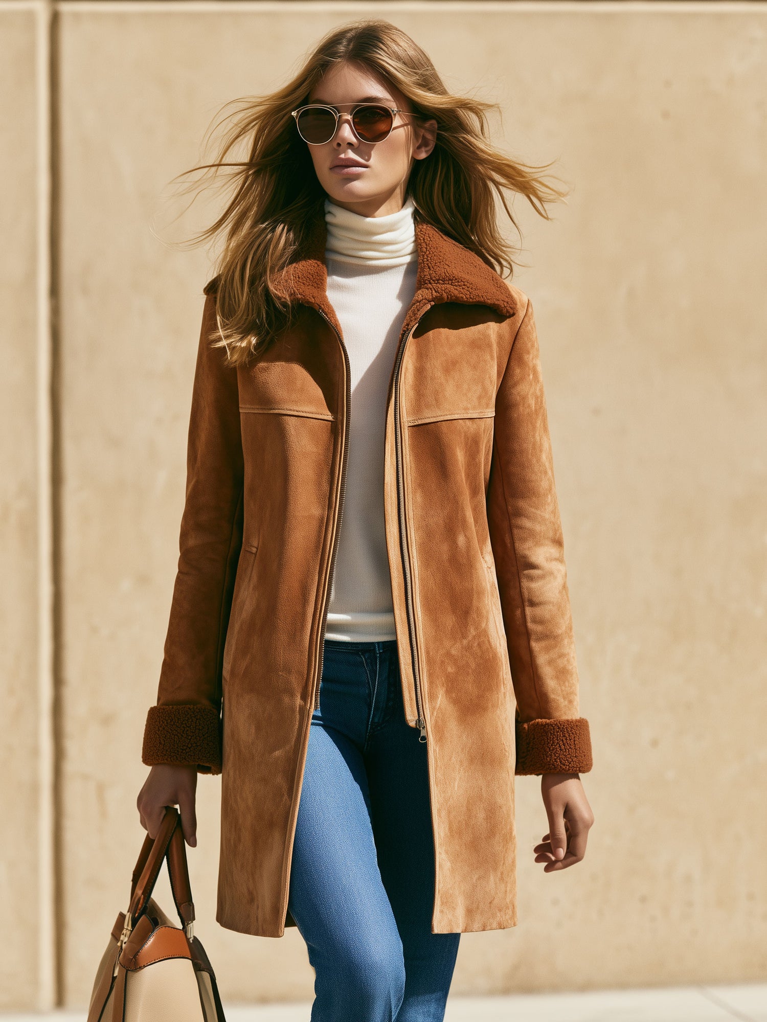 Casual Retro Fleece-lined Camel-colored Faux Suede Mid-length Coat
