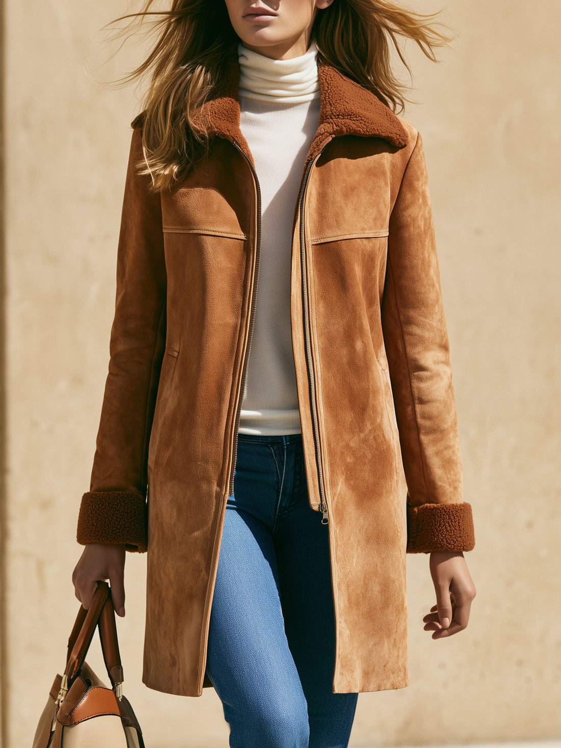 Casual Retro Fleece-lined Camel-colored Faux Suede Mid-length Coat