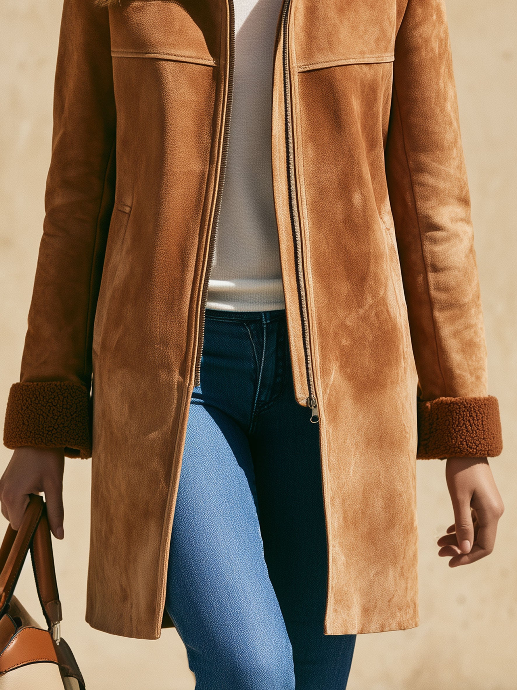 Casual Retro Fleece-lined Camel-colored Faux Suede Mid-length Coat