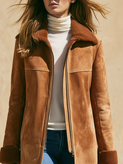 Casual Retro Fleece-lined Camel-colored Faux Suede Mid-length Coat
