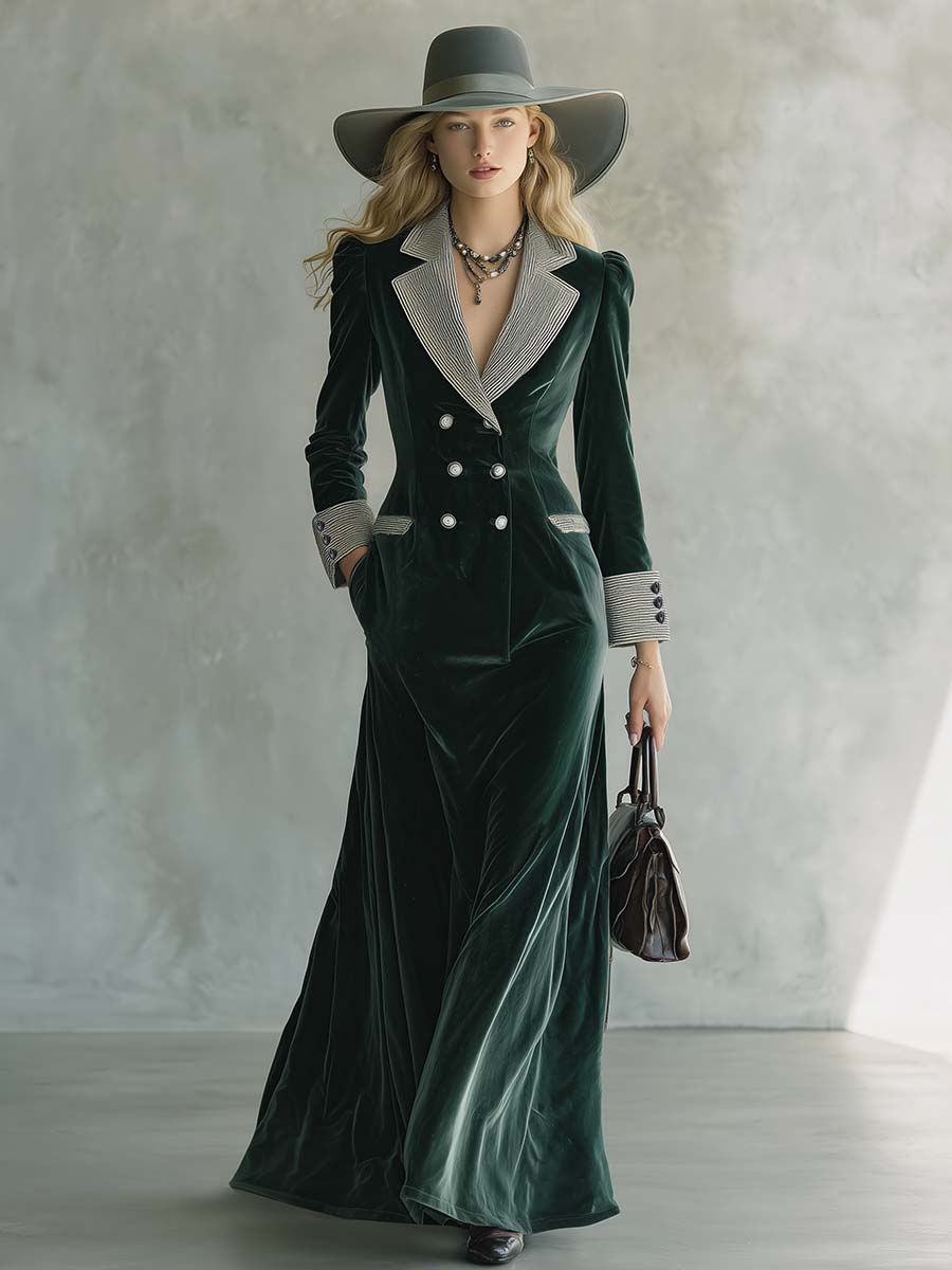 Elegant Retro Striped Lapel Double-breasted Dark Green Velvet Maxi Dress