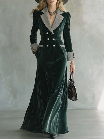 Elegant Retro Striped Lapel Double-breasted Dark Green Velvet Maxi Dress