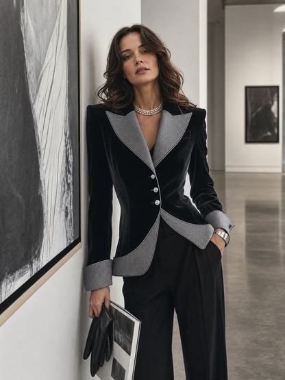 Elegant Vintage Black Velvet Peak Lapel Single-Breasted Evening Party Blazer